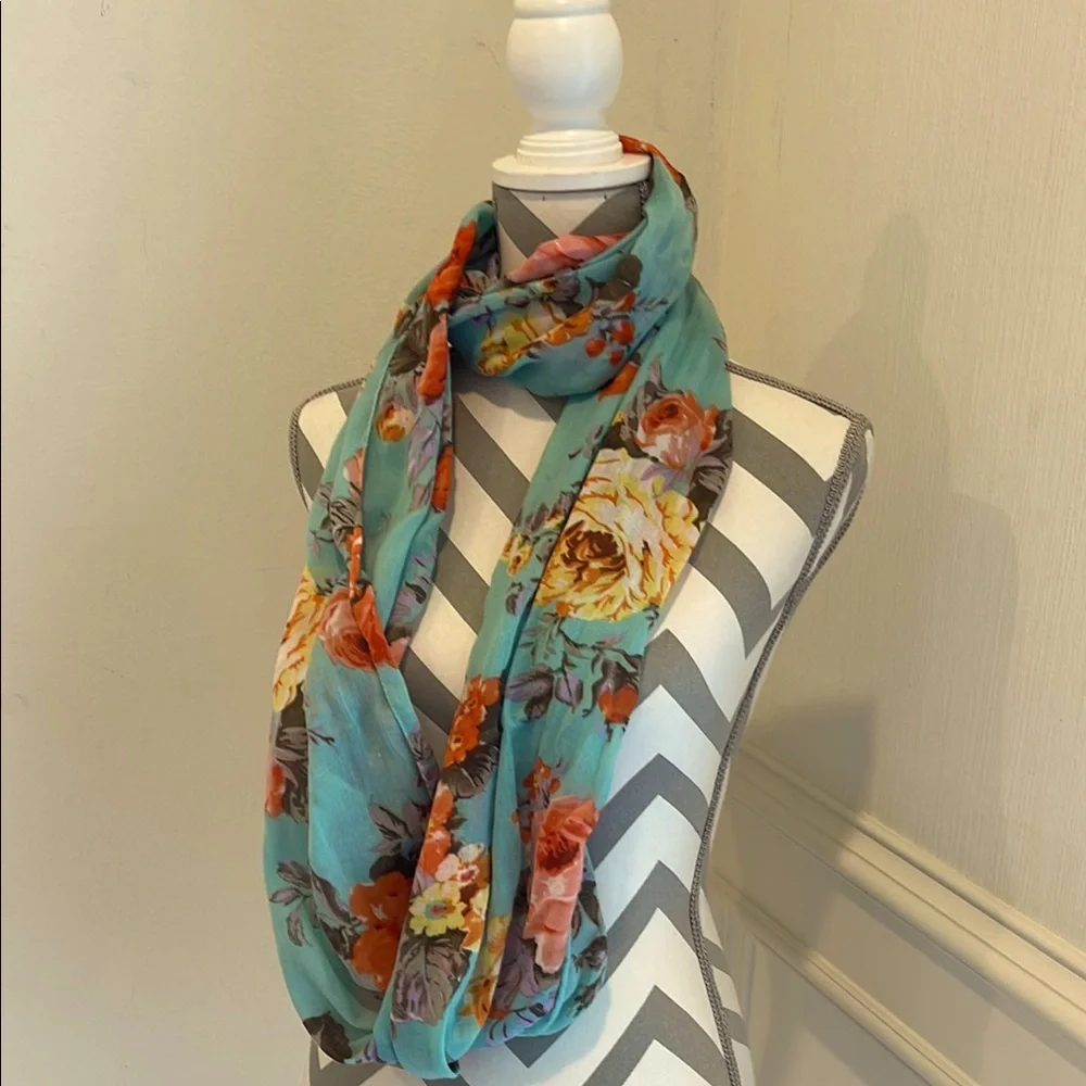 Teal Orange Floral Women's Infinity Scarf Ring Loop Blossom Pattern Lightweight